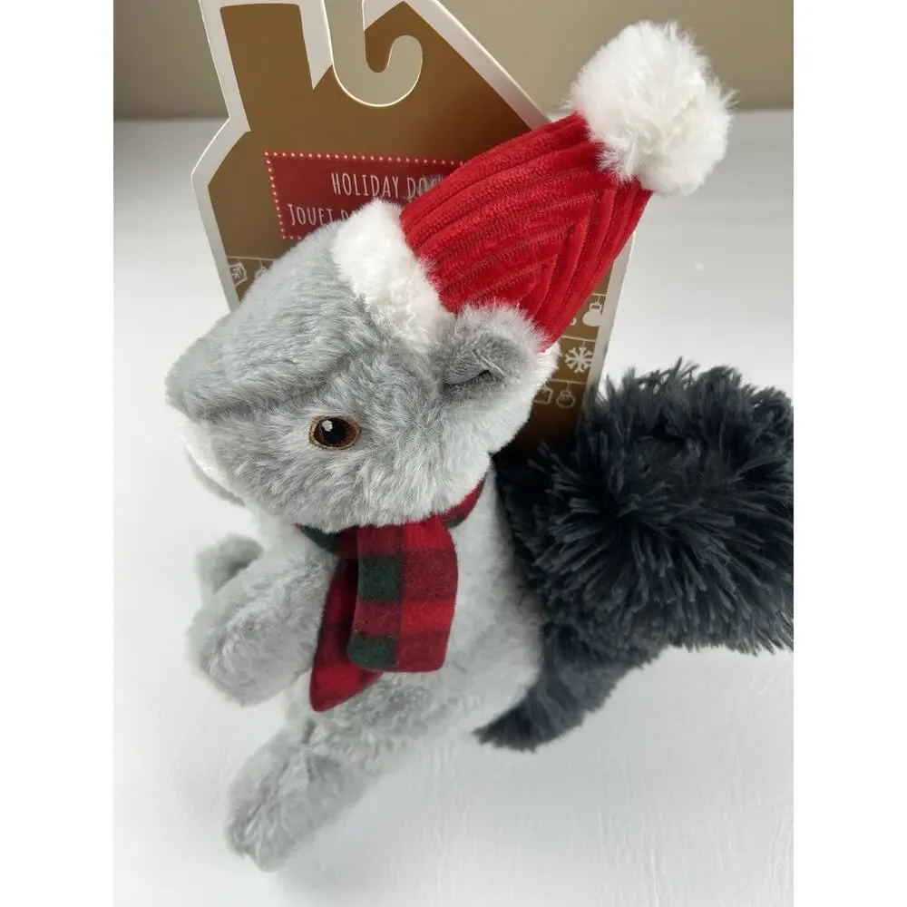 Pally Paws Christmas Squirrel Squeaky Dog Toy Plush 11” Santa Hat Scarf